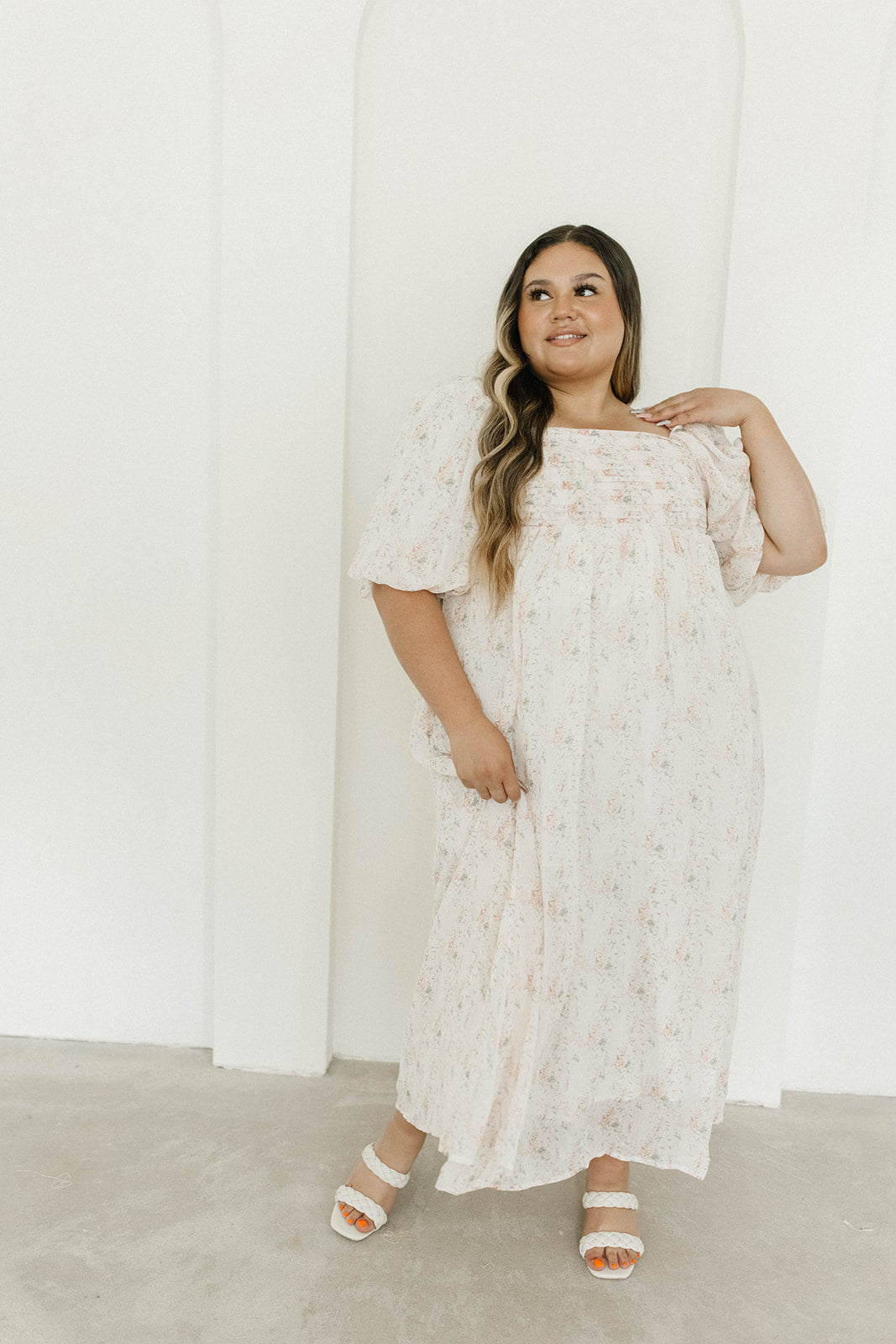 Melody Maxi Dress with Pleats and Bow Detail in Blush Floral - Bump Friendly & Inclusive Sizing (S-3XL)