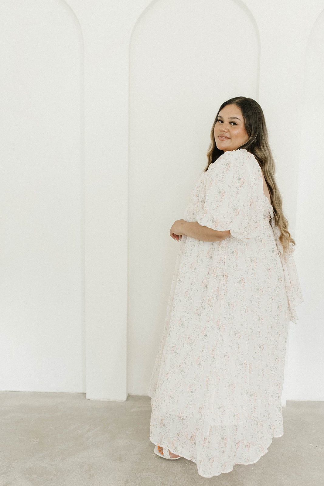 Melody Maxi Dress with Pleats and Bow Detail in Blush Floral - Bump Friendly & Inclusive Sizing (S-3XL)