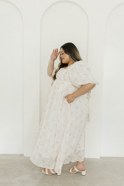 Melody Maxi Dress with Pleats and Bow Detail in Blush Floral - Bump Friendly & Inclusive Sizing (S-3XL)