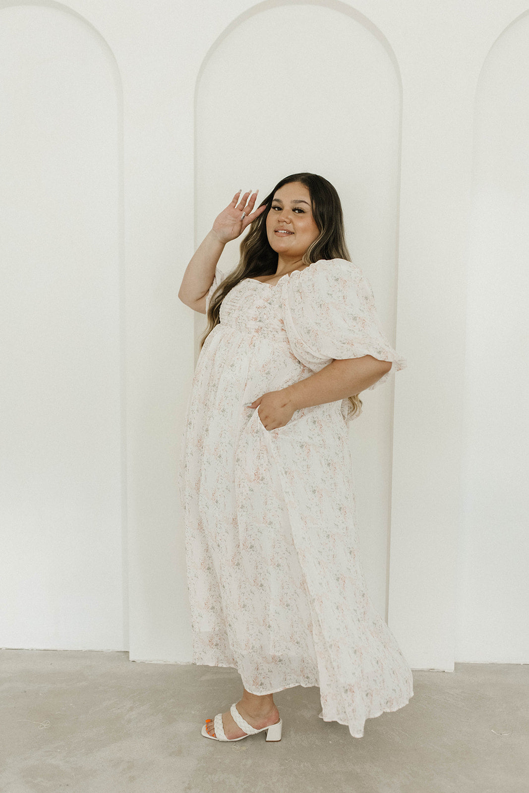 Melody Maxi Dress with Pleats and Bow Detail in Blush Floral - Bump Friendly & Inclusive Sizing (S-3XL)