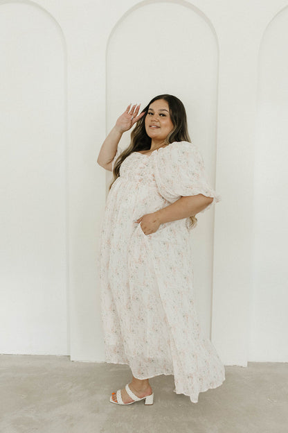 Melody Maxi Dress with Pleats and Bow Detail in Blush Floral - Bump Friendly & Inclusive Sizing (S-3XL)