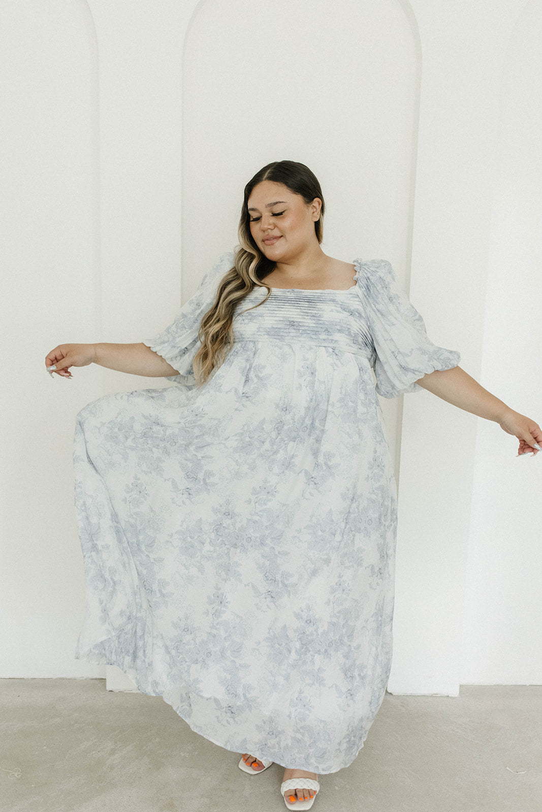 Melody Maxi Dress with Pleats and Bow Detail in Blue Floral - Bump Friendly & Inclusive Sizing (S-3XL) Restocking Early August