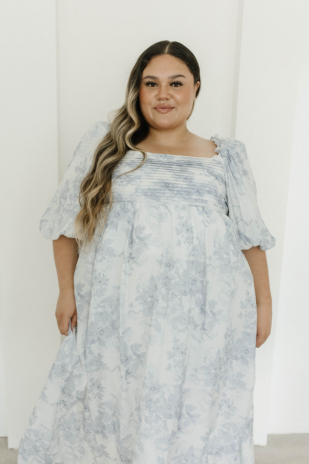 Melody Maxi Dress with Pleats and Bow Detail in Blue Floral - Bump Friendly & Inclusive Sizing (S-3XL) Restocking Early August