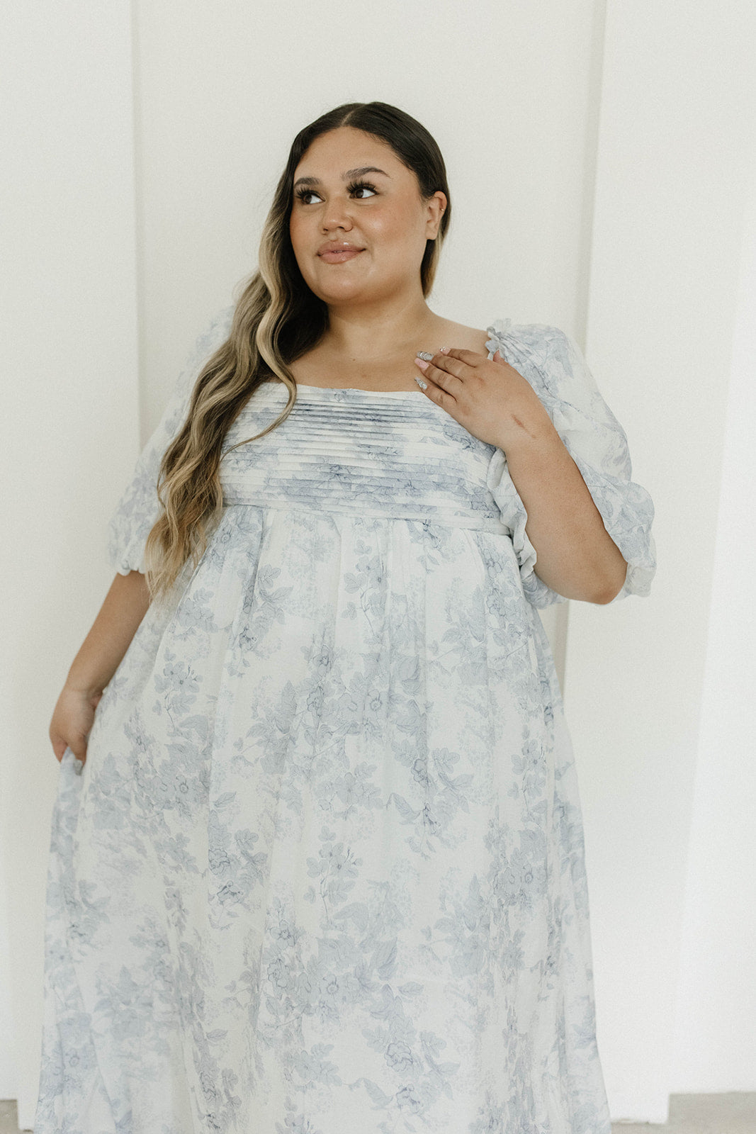 Melody Maxi Dress with Pleats and Bow Detail in Blue Floral - Bump Friendly & Inclusive Sizing (S-3XL) Restocking Early August