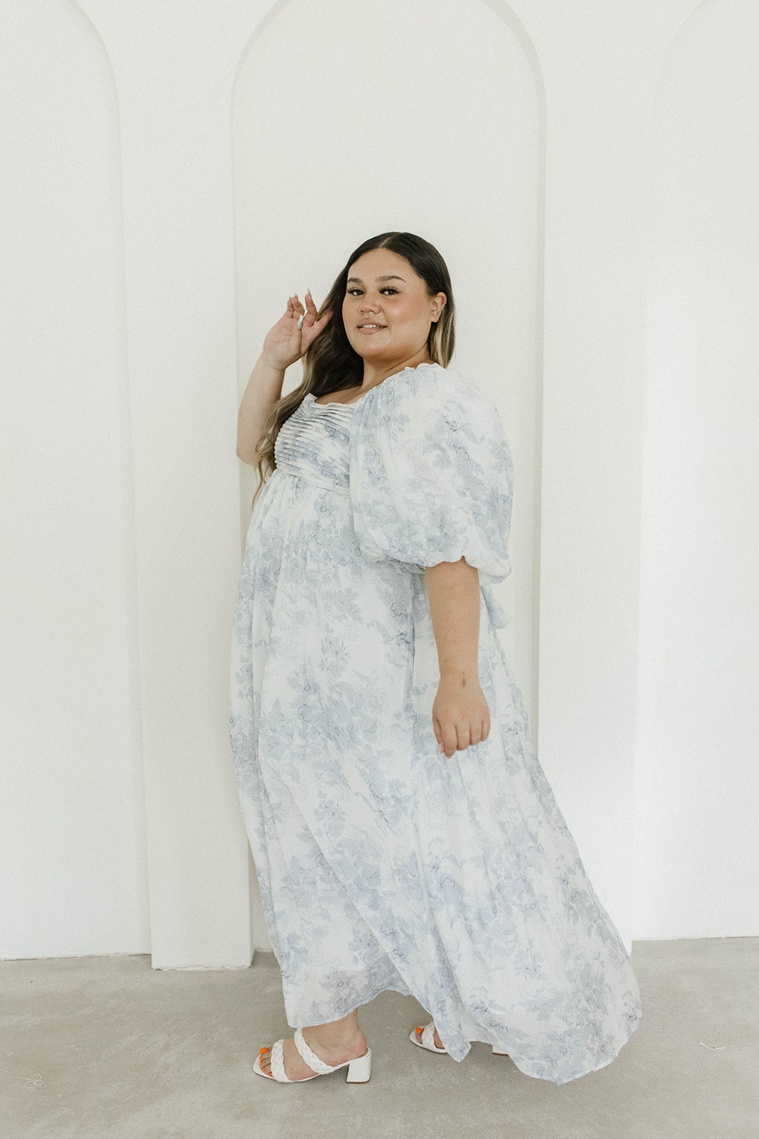 Melody Maxi Dress with Pleats and Bow Detail in Blue Floral - Bump Friendly & Inclusive Sizing (S-3XL) Restocking Early August