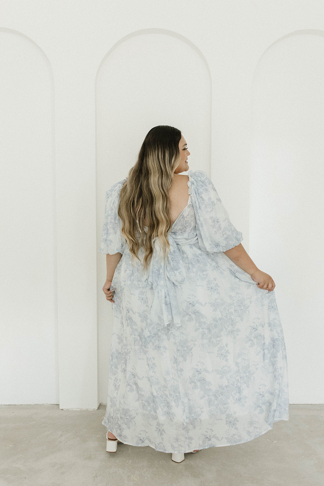 Melody Maxi Dress with Pleats and Bow Detail in Blue Floral - Bump Friendly & Inclusive Sizing (S-3XL) Restocking Early August