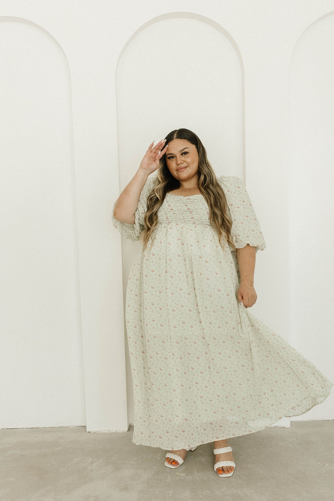 Melody Maxi Dress with Pleats and Bow Detail in Mint Floral - Bump Friendly & Inclusive Sizing (S-3XL)