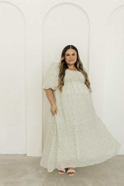 Melody Maxi Dress with Pleats and Bow Detail in Mint Floral - Bump Friendly & Inclusive Sizing (S-3XL)