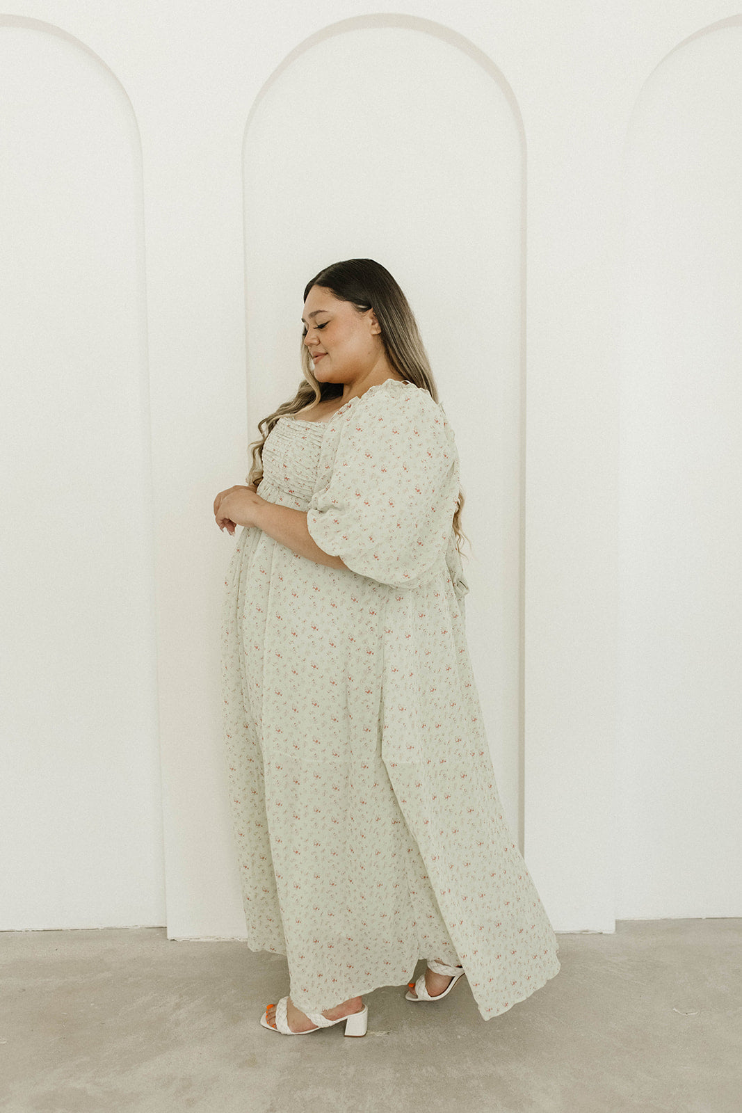 Melody Maxi Dress with Pleats and Bow Detail in Mint Floral - Bump Friendly & Inclusive Sizing (S-3XL)