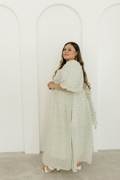 Melody Maxi Dress with Pleats and Bow Detail in Mint Floral - Bump Friendly & Inclusive Sizing (S-3XL)