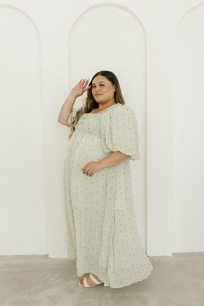 Melody Maxi Dress with Pleats and Bow Detail in Mint Floral - Bump Friendly & Inclusive Sizing (S-3XL)