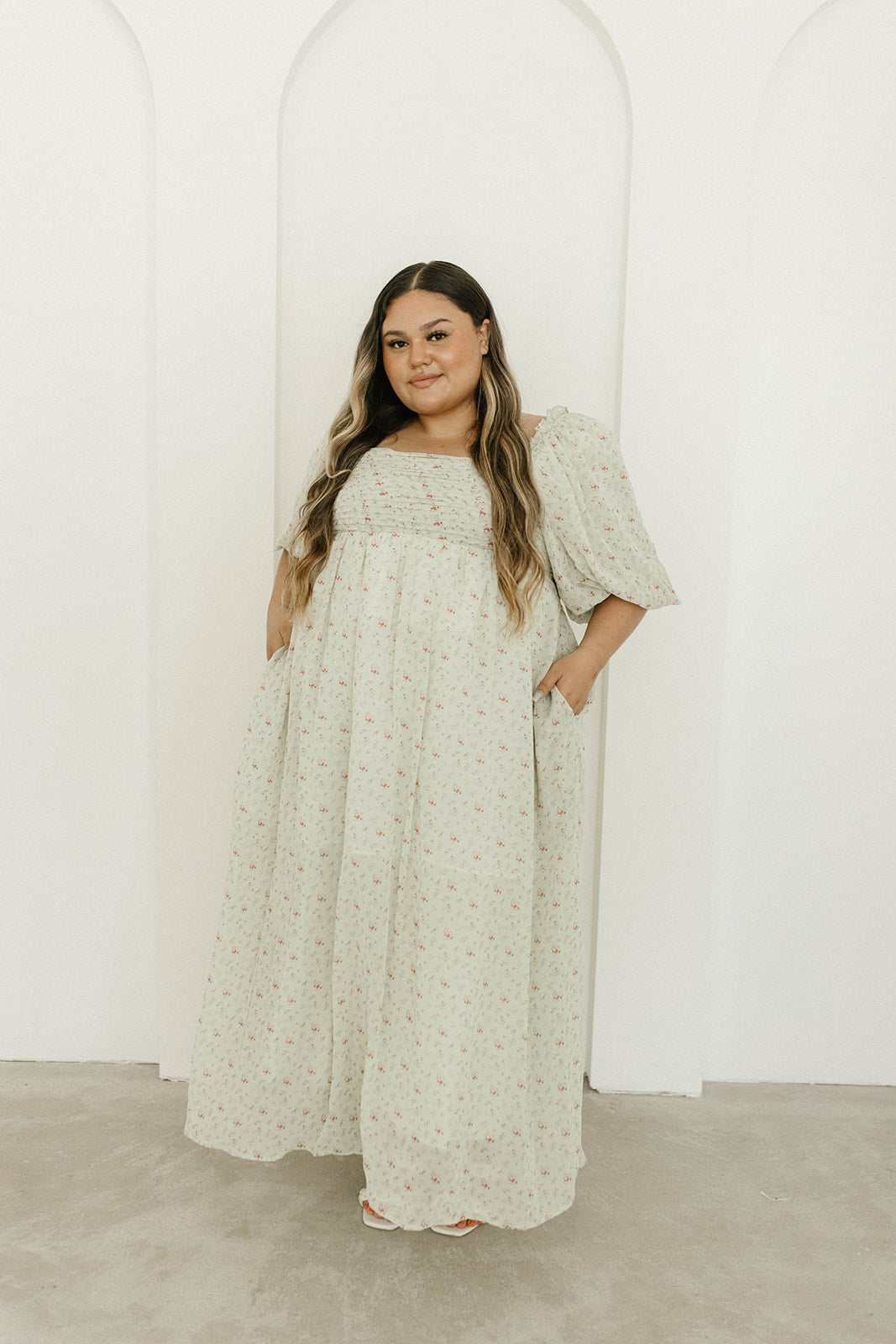 Melody Maxi Dress with Pleats and Bow Detail in Mint Floral - Bump Friendly & Inclusive Sizing (S-3XL)