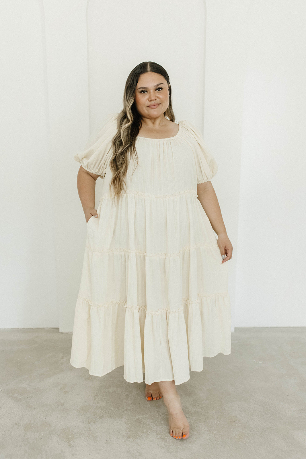 Eva Puffed Sleeve Maxi Dress in Cream - Bump Friendly & Inclusive Sizing (S-3XL)