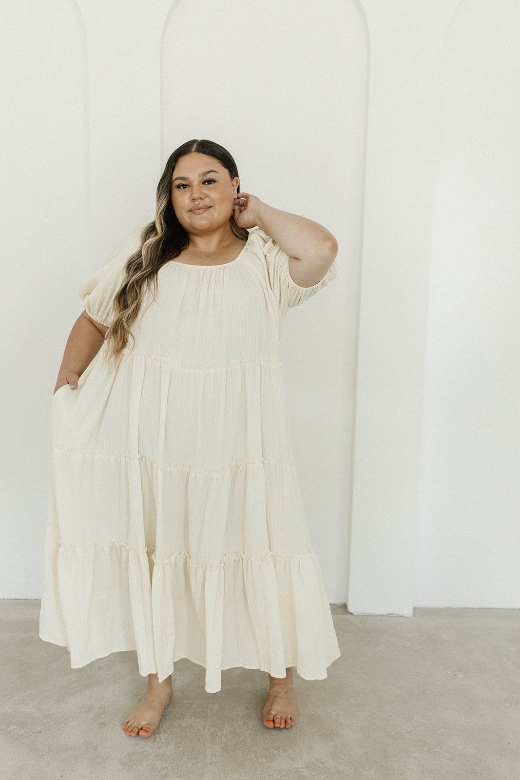 Eva Puffed Sleeve Maxi Dress in Cream - Bump Friendly & Inclusive Sizing (S-3XL)