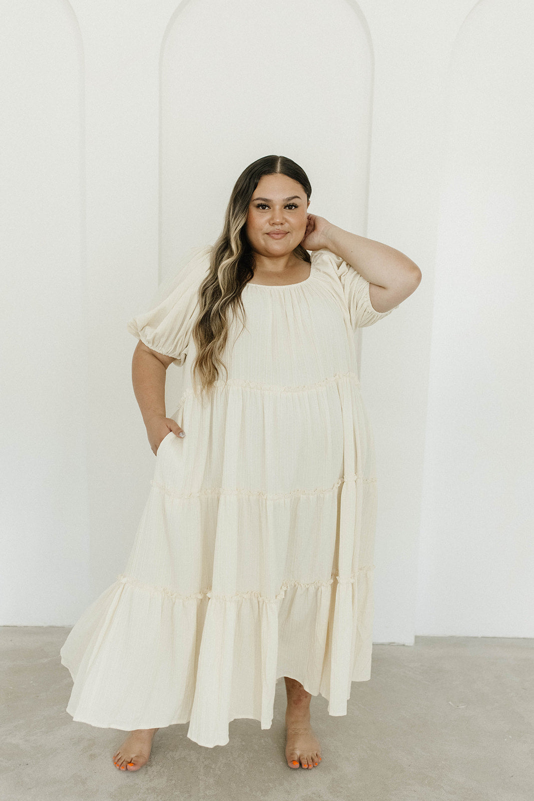 Eva Puffed Sleeve Maxi Dress in Cream - Bump Friendly & Inclusive Sizing (S-3XL)