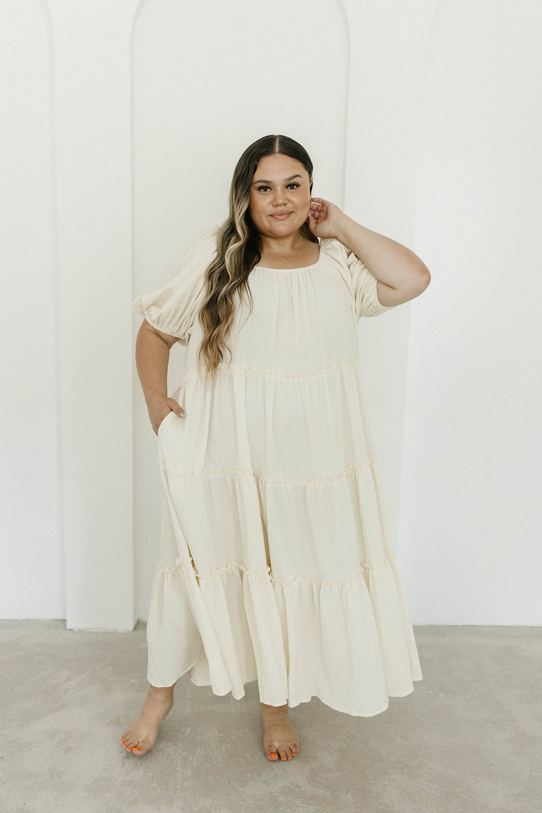 Eva Puffed Sleeve Maxi Dress in Cream - Bump Friendly & Inclusive Sizing (S-3XL)