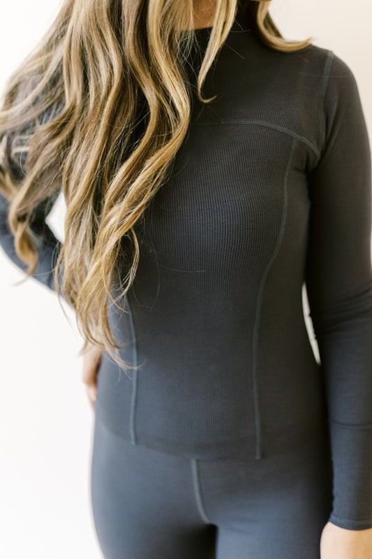 Worth the Label Long Sleeve Ribbed Seam Top in Charcoal