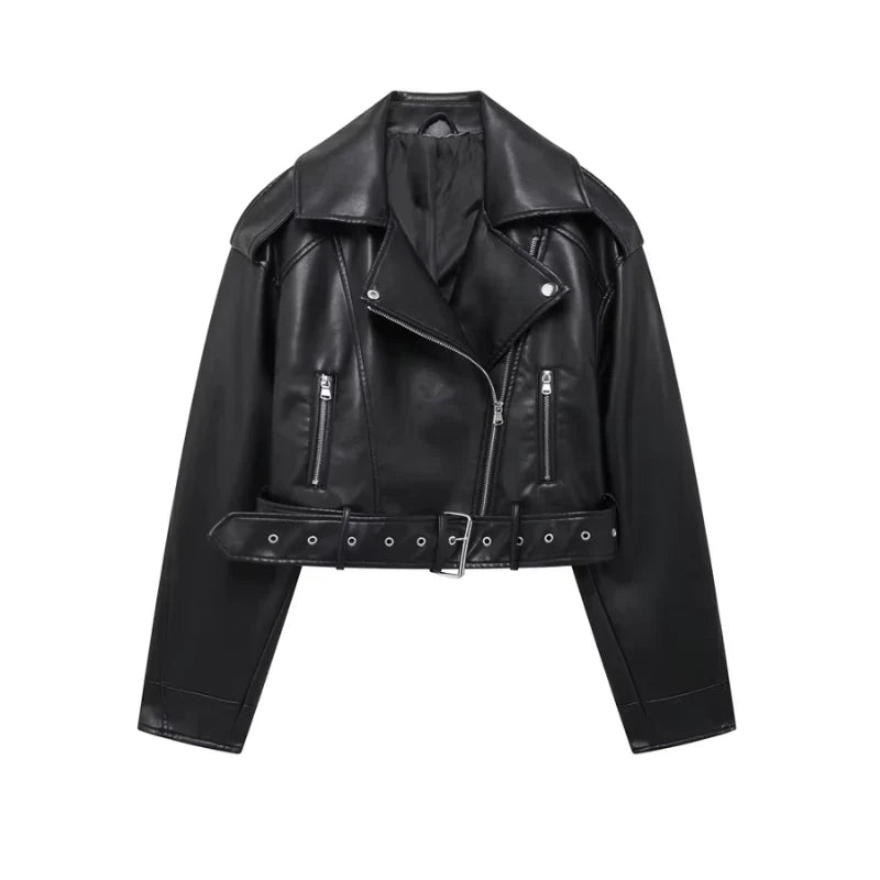 Vegan women's biker jacket with belt and zipper
