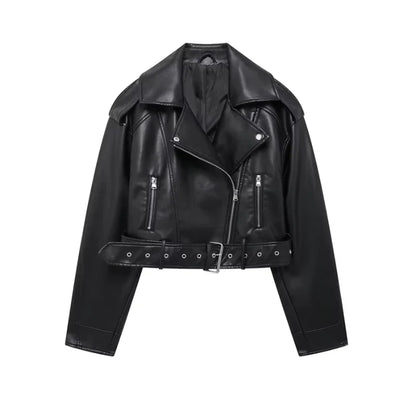 Vegan women's biker jacket with belt and zipper