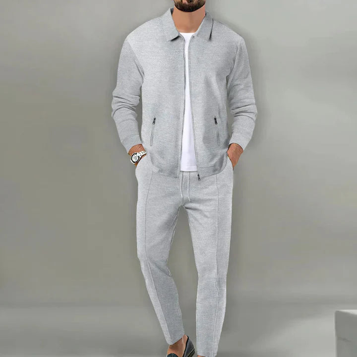 Men's two-piece set with stand collar jacket & slim pants