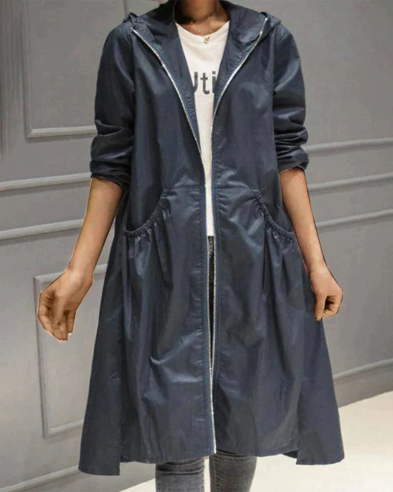 Long hooded zip jacket with front pockets – women