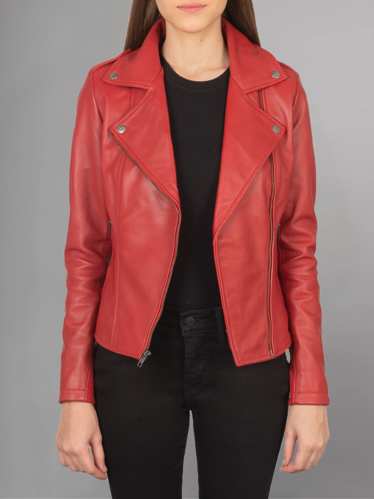 Women Lambskin Real Motorcycle Red Leather Jacket