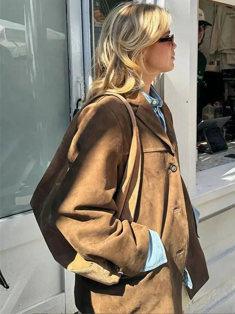 Oversized brown suede trenchcoat with wide lapel – women