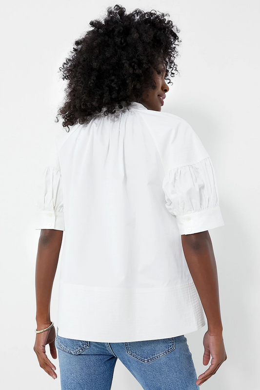 White Solid Color Ruched Bubble Sleeve V Neck Shirt