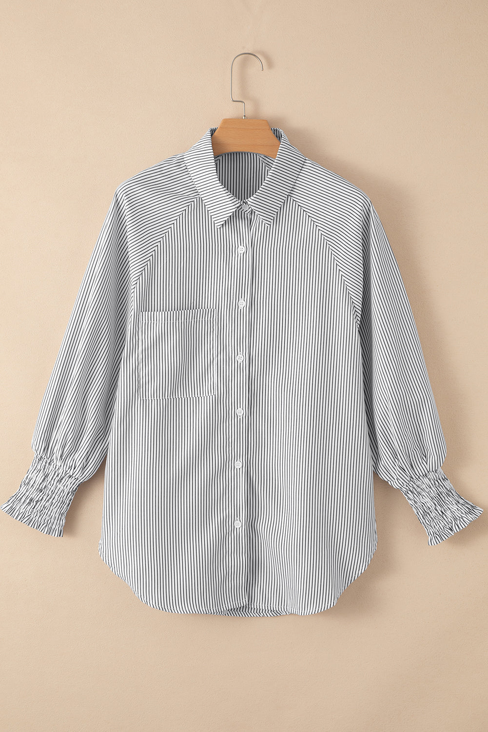 Light Blue Striped Casual Shirred Cuffs Shirt