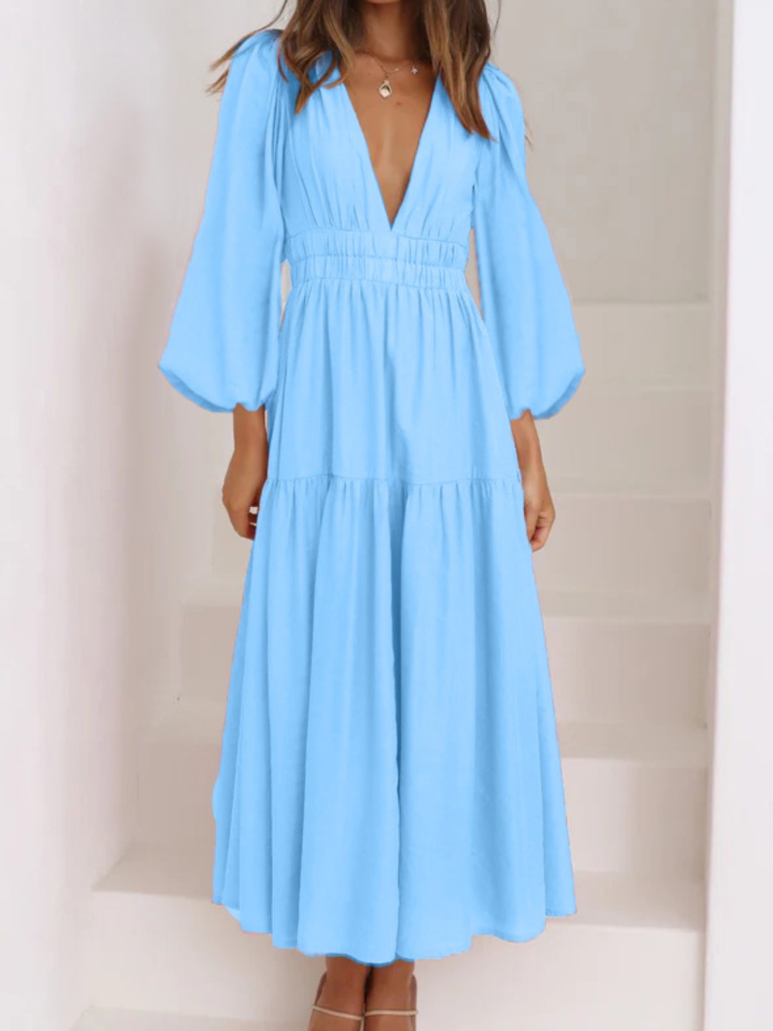 Deep V-Neck Balloon Sleeve Plain Maxi Dress