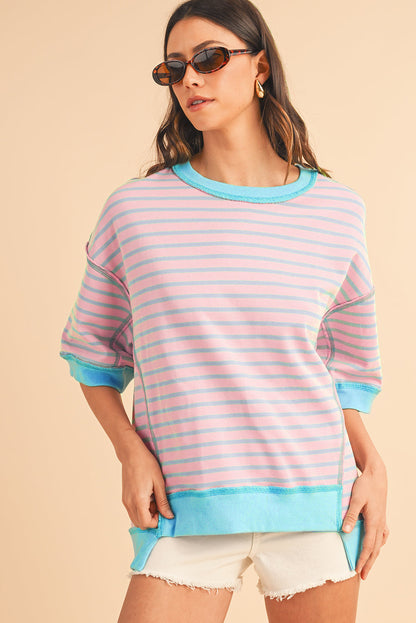 Black Stripe Contrast Trim Drop Sleeve Loose Top