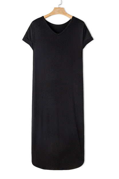 Black Solid Color Hidden Pocket V Neck Slit Maxi Dress