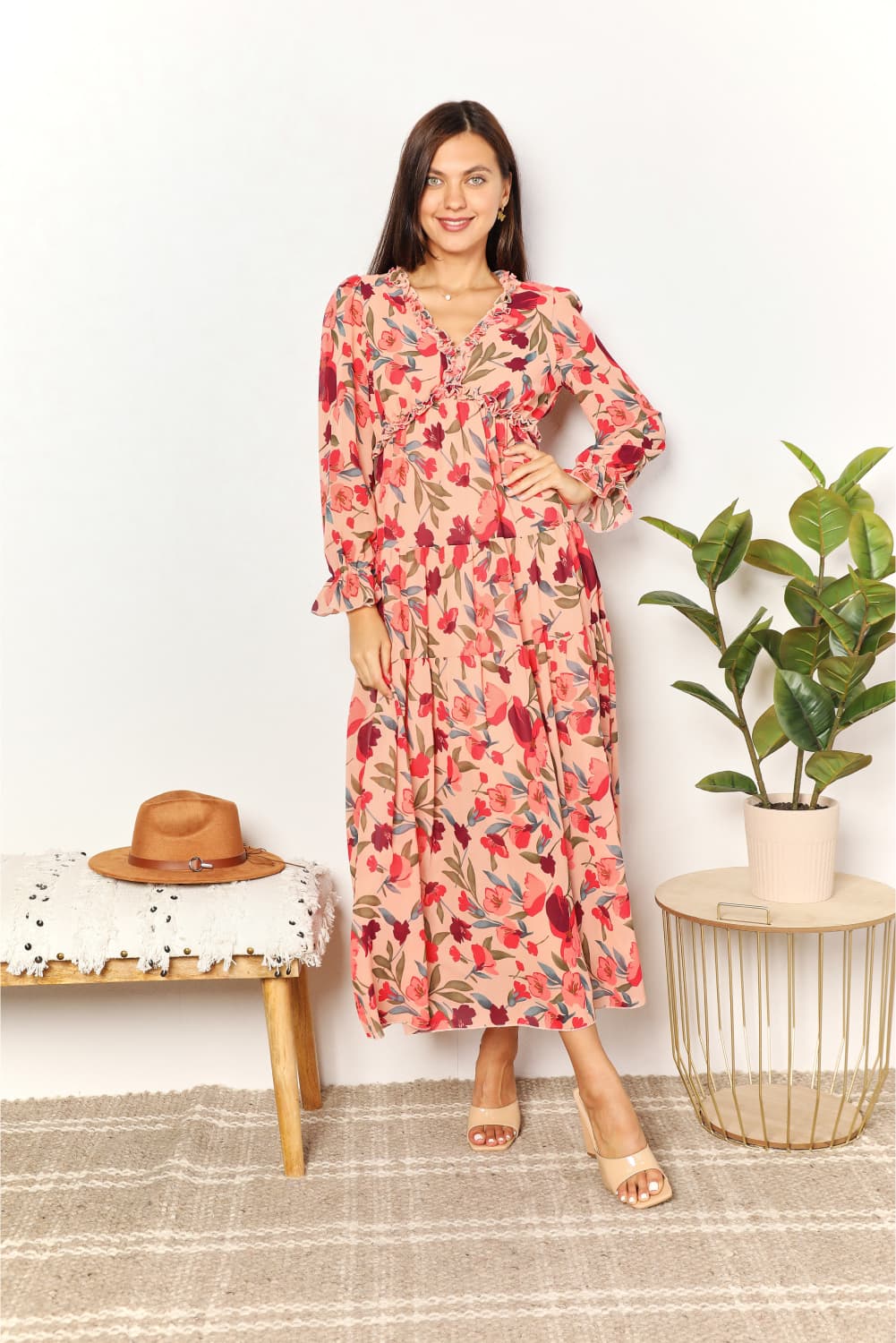 Double Take Floral Frill Trim Flounce Sleeve Plunge Maxi Dress