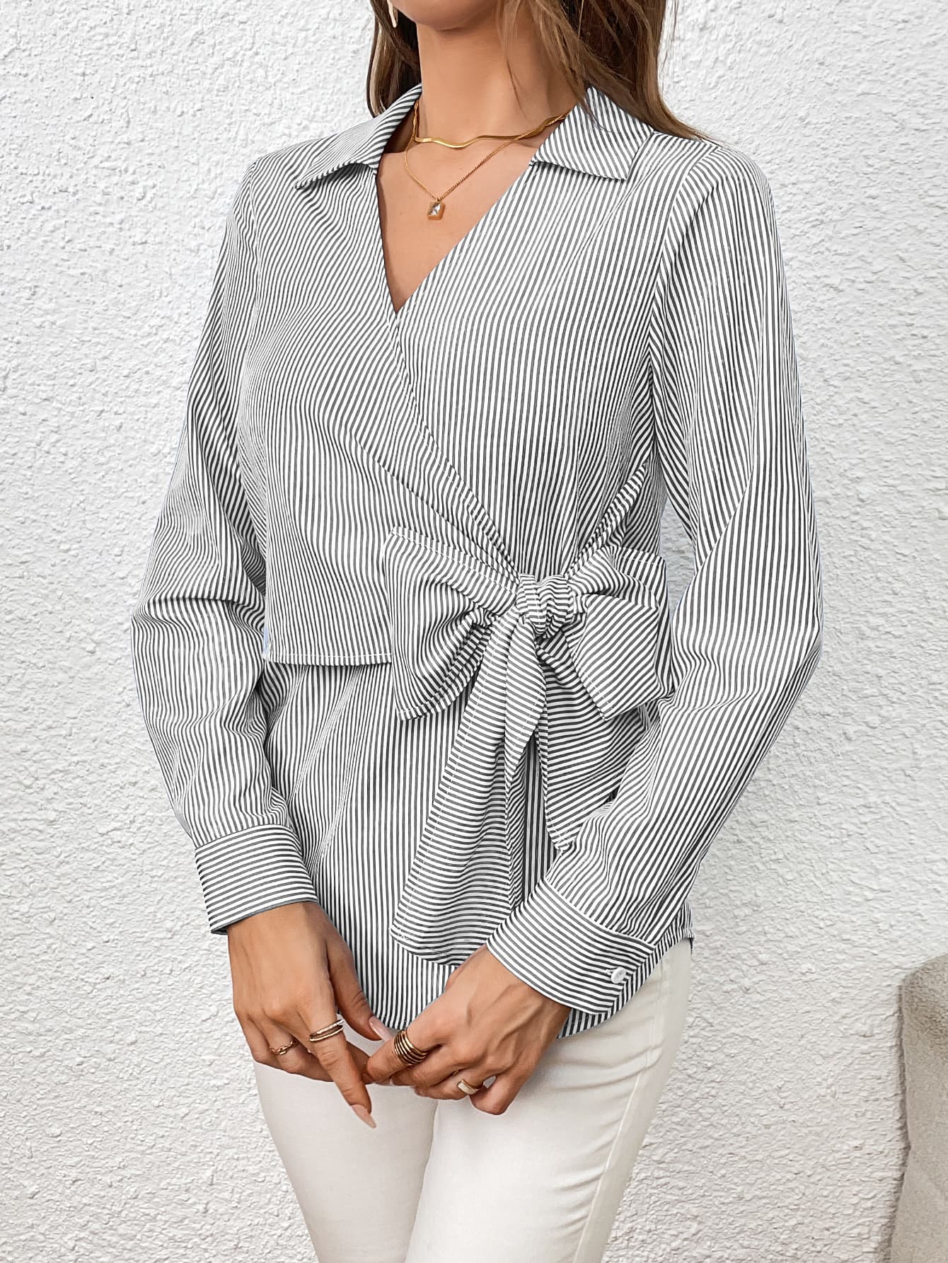 Bow Tie Waist Johnny Collar Neck Striped Blouse