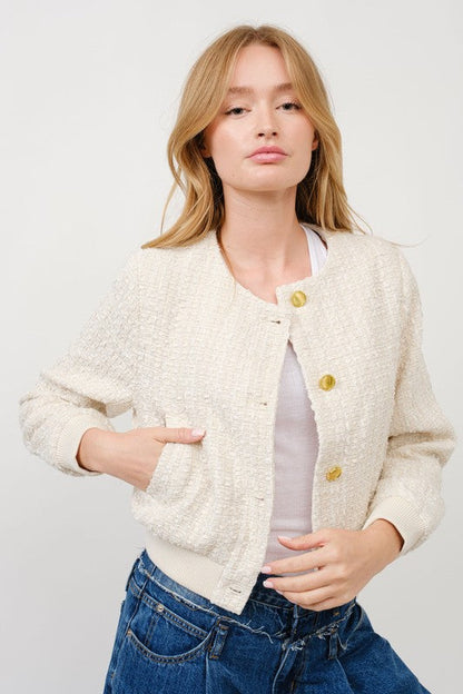 Waitlist 7/5 ♥ Dakota Long Sleeve Tweed Bomber Jacket Ivory