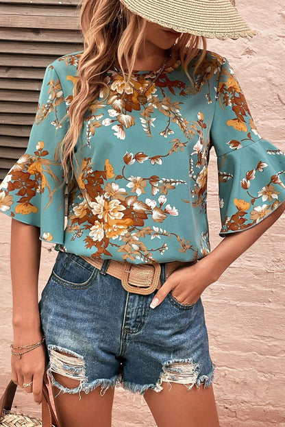 Mineral Blue Floral Print Round Neck Flounce Sleeve Blouse