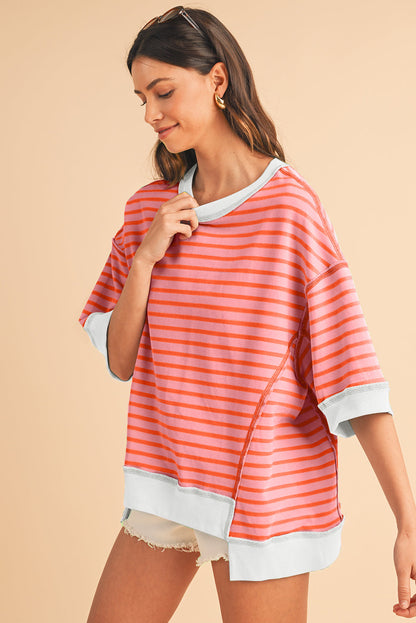 Black Stripe Contrast Trim Drop Sleeve Loose Top