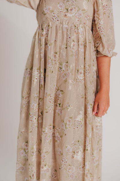 Mona Maxi Dress in Beige/Brown Floral - Bump Friendly - Inclusive Sizing (S-3X)