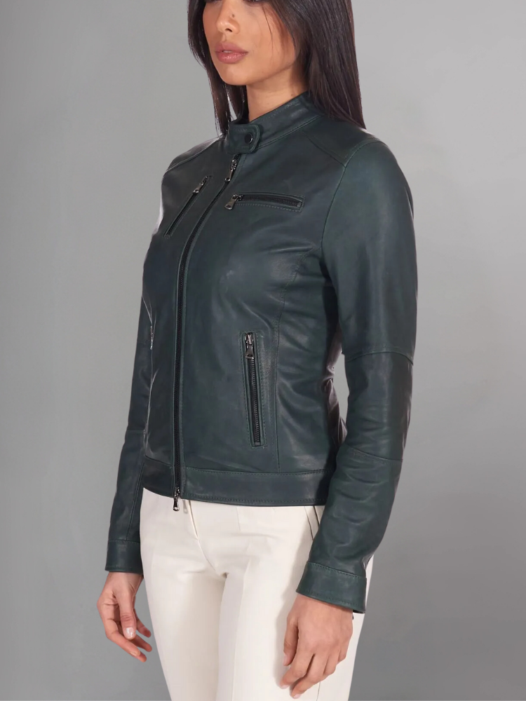 Blue natural leather biker jacket four zipper pockets