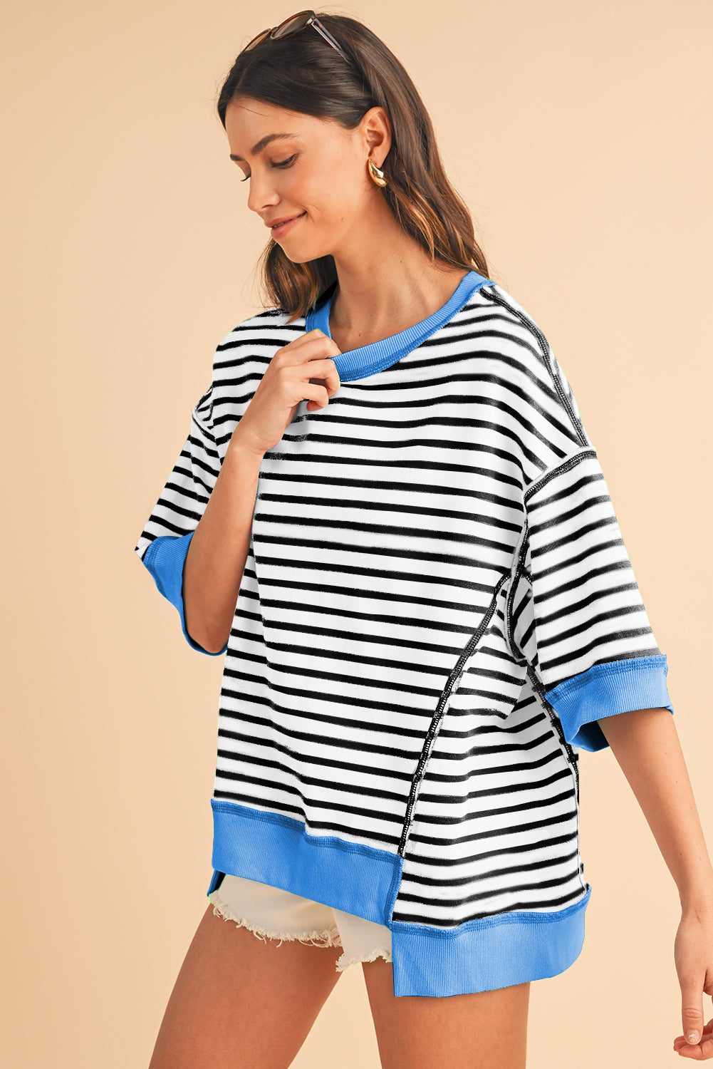 Black Stripe Contrast Trim Drop Sleeve Loose Top