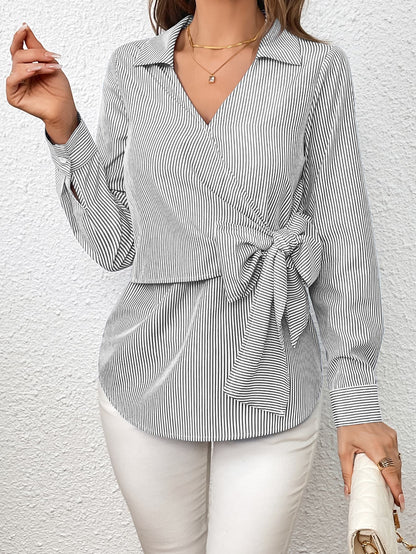 Bow Tie Waist Johnny Collar Neck Striped Blouse