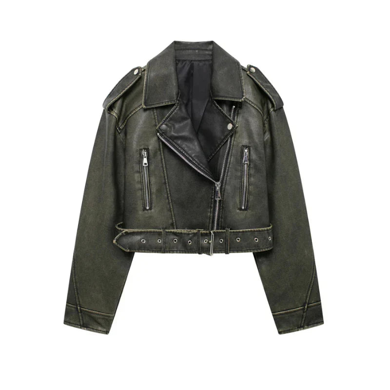 Vegan women's biker jacket with belt and zipper