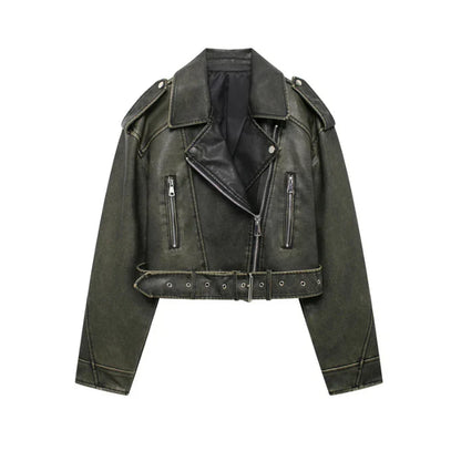 Vegan women's biker jacket with belt and zipper