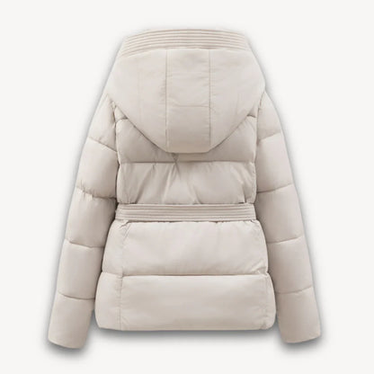 Women's winter jacket with hood and belt, lightly padded