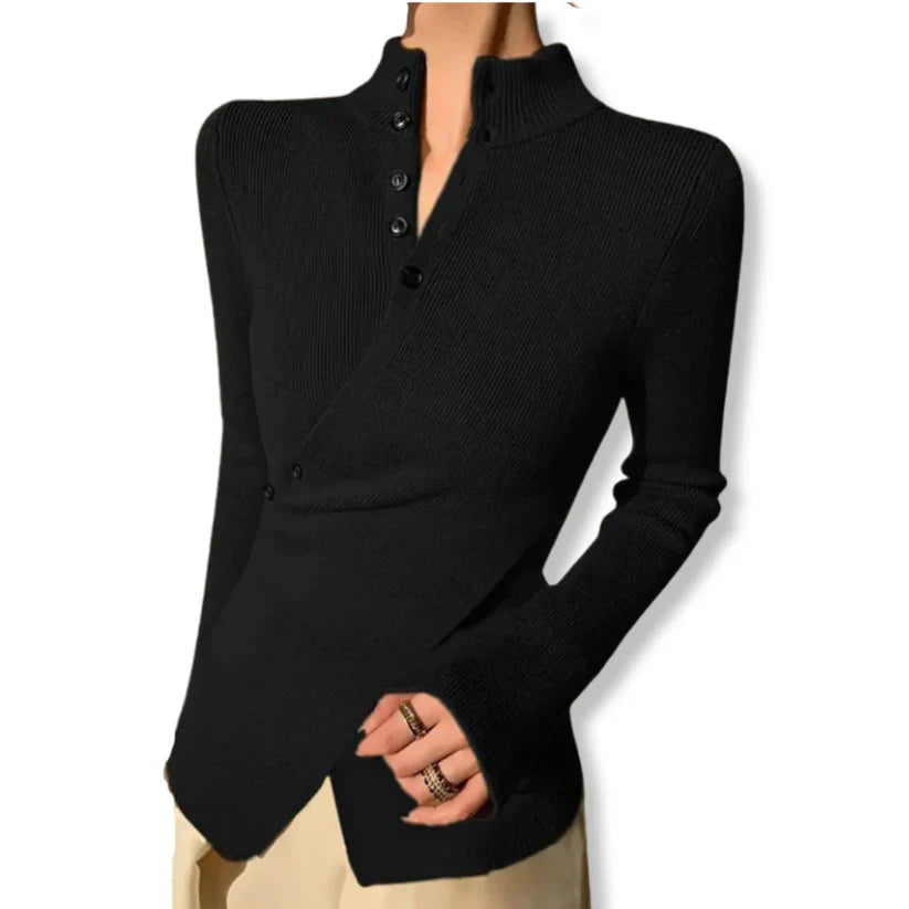 Fiona – slim-fit knit sweater with high collar and button details