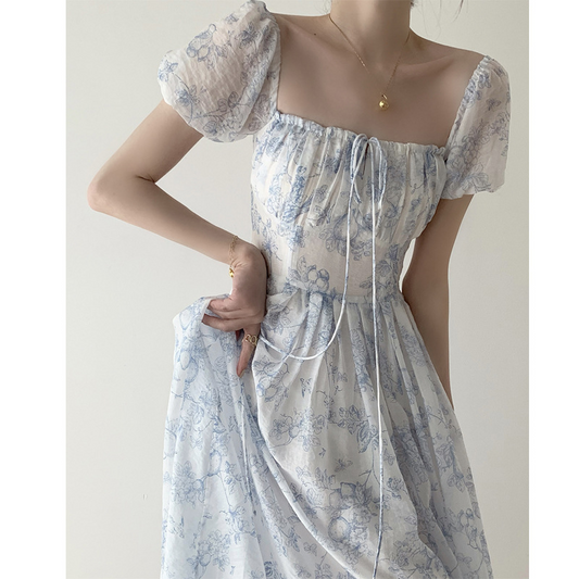 Melody Maxi Dress with Pleats and Bow Detail in Blue Floral - Bump Friendly & Inclusive Sizing (S-3XL) Restocking Early August