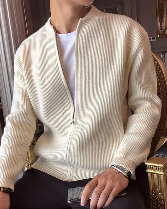 Bennett rib-knit zip cardigan with stand collar – men