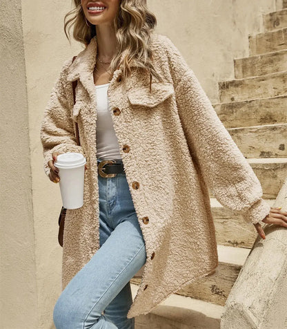 Halie comfortable teddy jacket with button placket and chest pockets