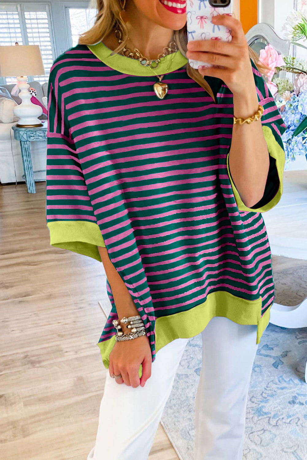 Black Stripe Contrast Trim Drop Sleeve Loose Top