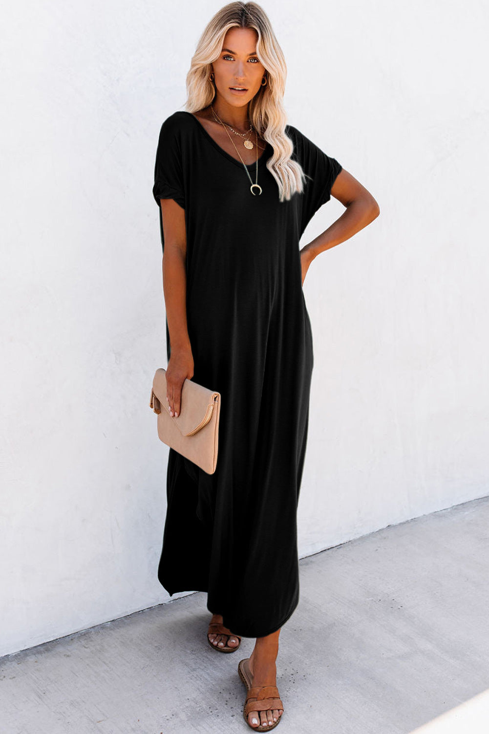 Black Solid Color Hidden Pocket V Neck Slit Maxi Dress